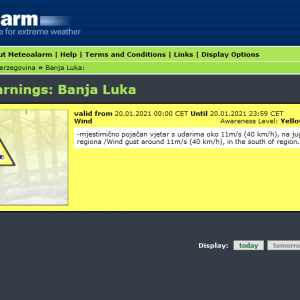 Жути метеоаларм за бањалучко подручје Жути метеоаларм за бањалучко подручје