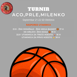 Кошаркашки турнир „Ацо, Прле, Миленко“ 21. и 22. септембра у СД „Обилићево“ Кошаркашки турнир „Ацо, Прле, Миленко“ 21. и 22. септембра у СД „Обилићево“